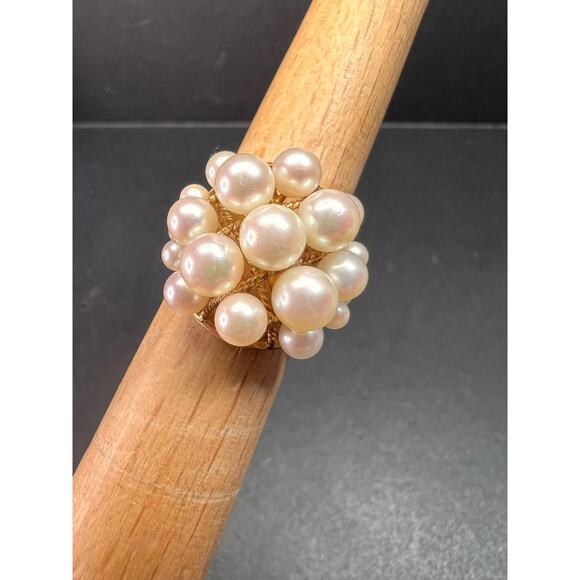 Vintage 14K Gold Cluster Pearl Cocktail Ring – Mid Century Dome Design- size 6 - Picture 9 of 16